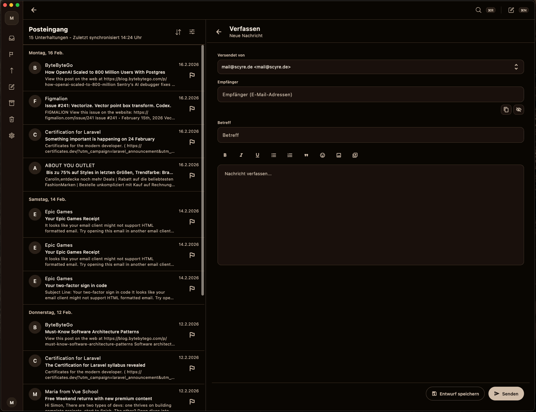 Verfassen-Ansicht mit Rich-Text und Versandoptionen in Envoy Mail.