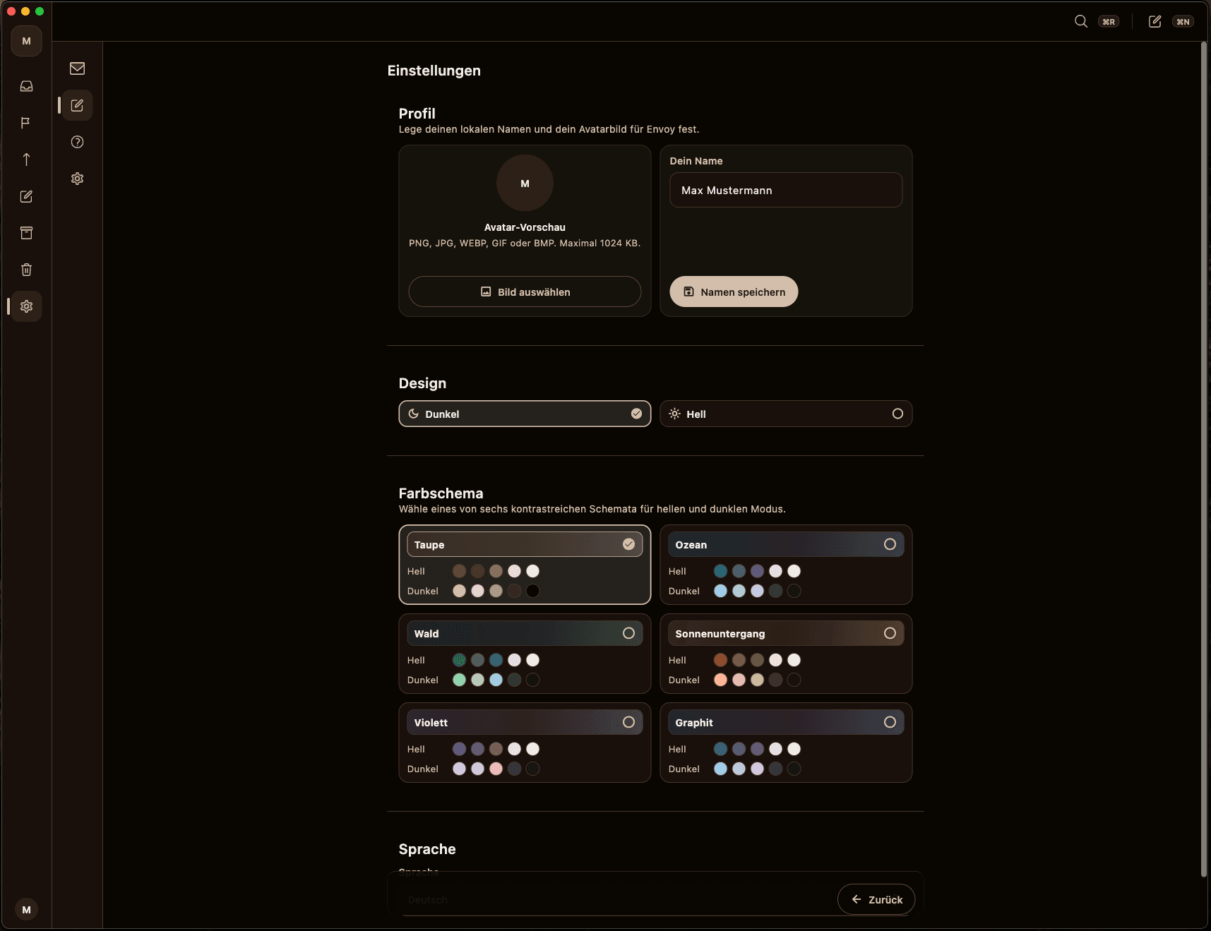 Security Center in Envoy Mail mit App-Lock, Timeout- und Datenschutzoptionen.