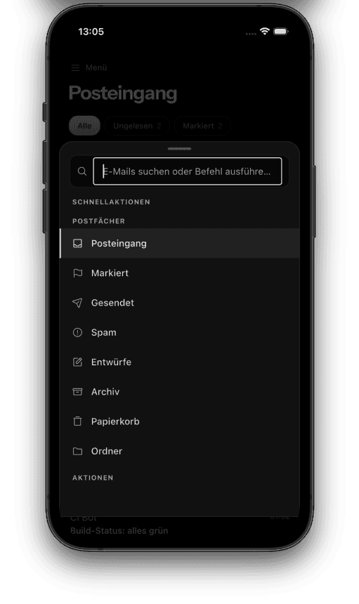 Mobile Command Palette von Envoy Mail mit Suche und Schnellaktionen