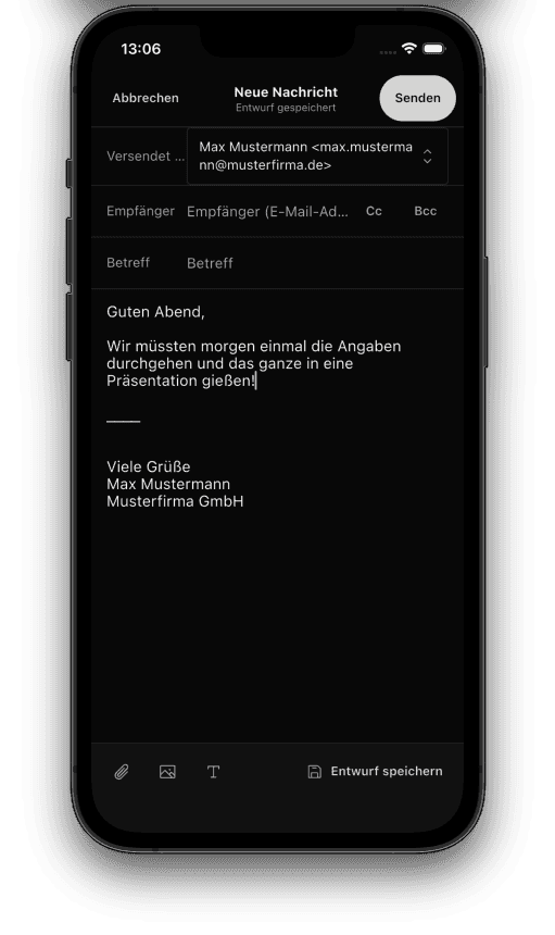 Neue E-Mail in Envoy Mail auf iOS mit Signatur und gespeichertem Entwurf