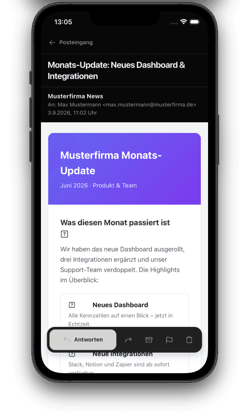 Geöffnete HTML-E-Mail in Envoy Mail mit mobiler Aktionsleiste