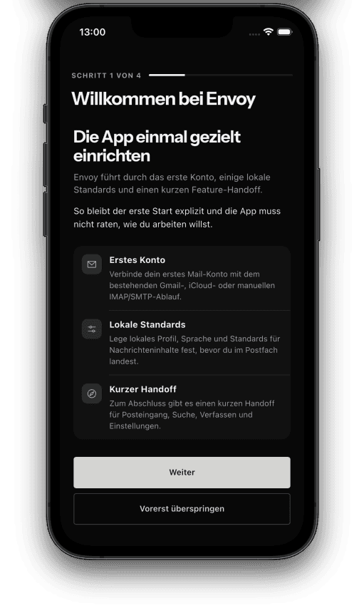 Onboarding von Envoy Mail auf einem iPhone