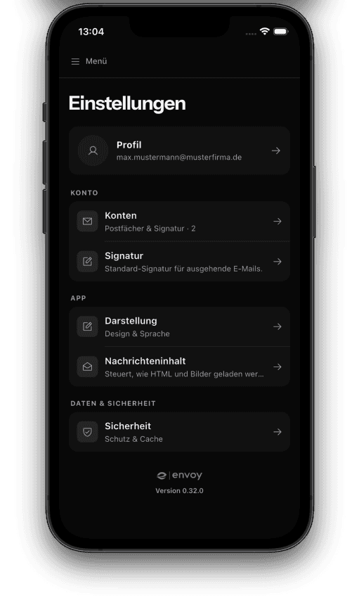 Einstellungen von Envoy Mail mit Konten-, Darstellungs- und Sicherheitsoptionen